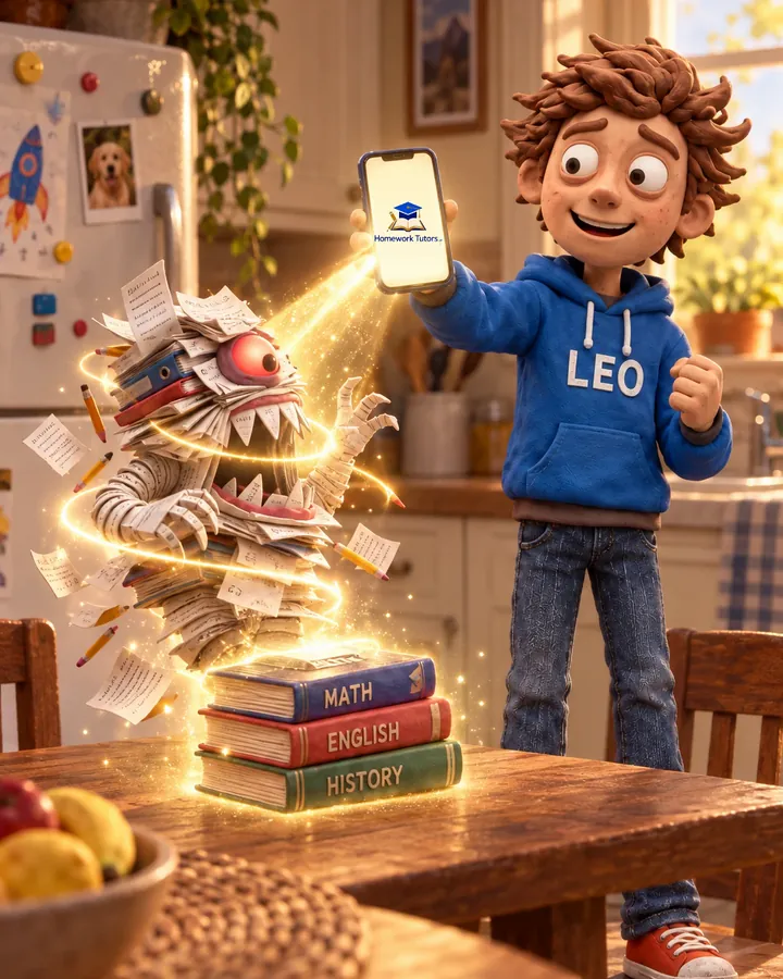 Clay-animation still: Leo holds up his phone running Homework Tutors.ai, and a golden beam shrinks the paper homework monster back into a neat stack of books.